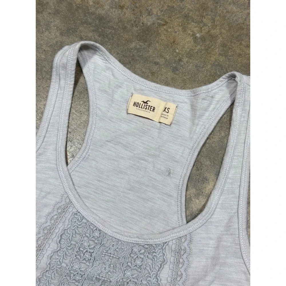 Hollister Tank‎ Top Women XS Gray Excellent Lace Ruffle Racerback Slub Knit